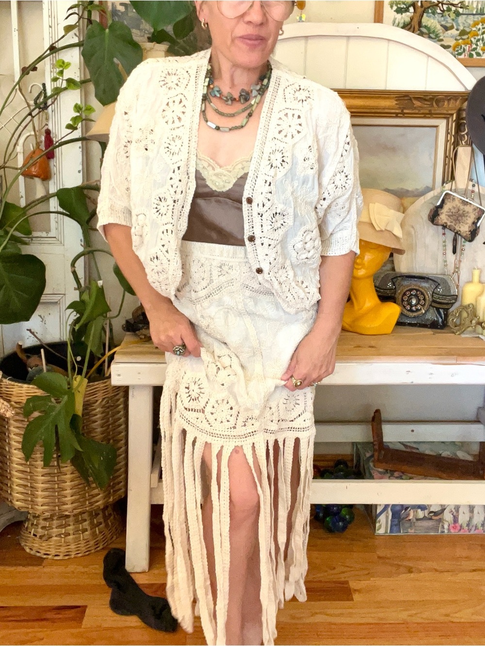 New! Boho Cottagecore Crochet Doily 2 Piece Set Cocoon Cardigan Midi Skirt